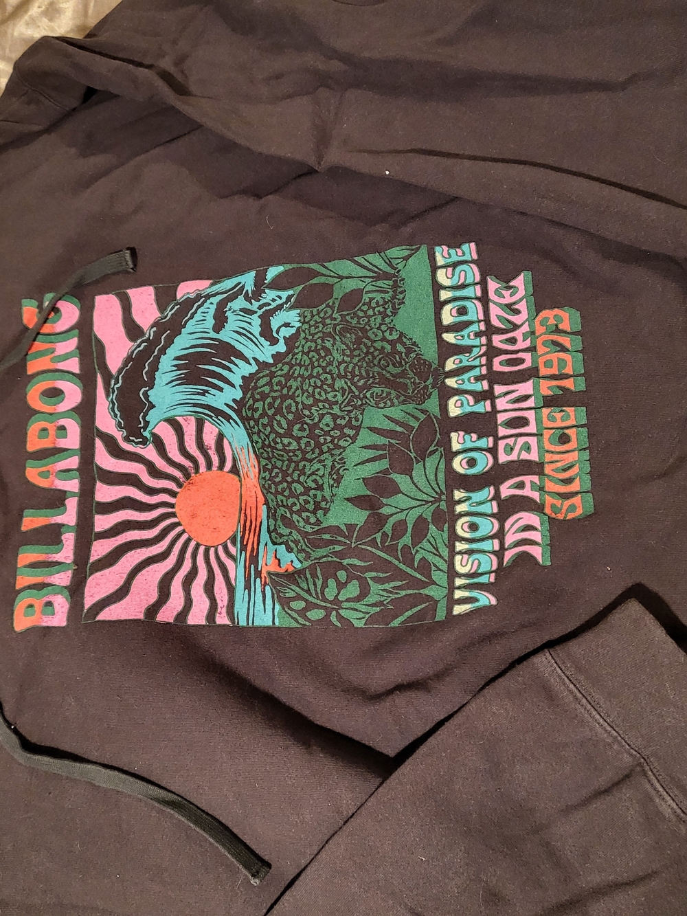 Billabong Black Pullover Hoodie with Teal, Pink & Orange Graphic